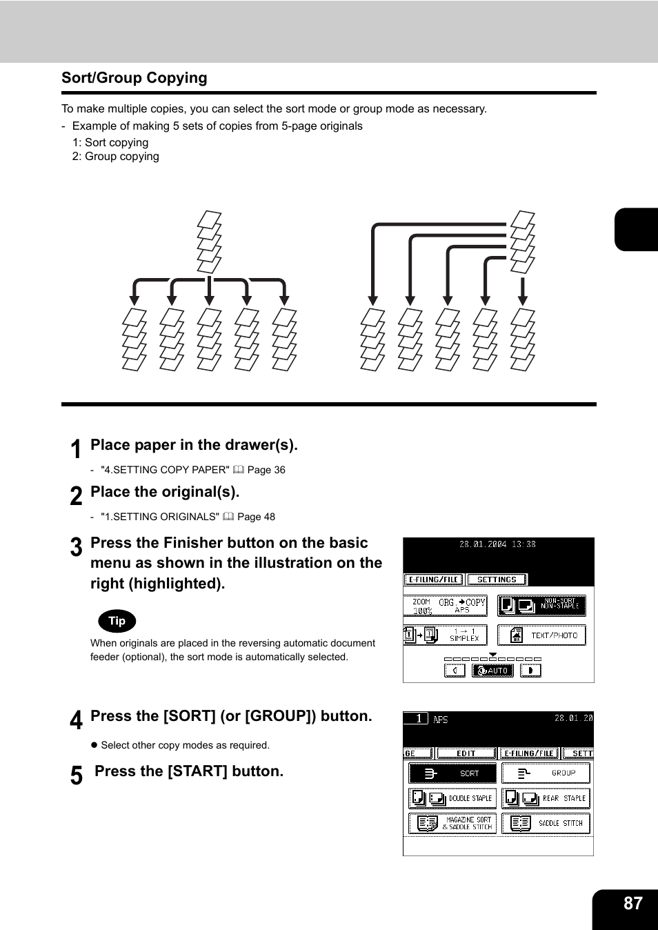 Sort/group copying, Place paper in the drawer(s), Place the original(s) | Press the [sort] (or [group]) button, Press the [start] button | Toshiba E-STUDIO230/280 User Manual | Page 89 / 316