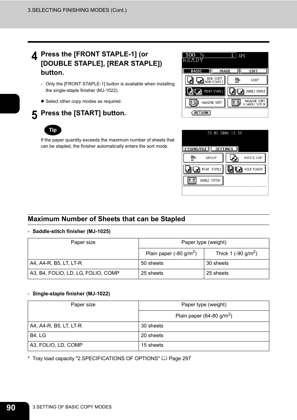 Maximum number of sheets that can be stapled, Press the [start] button | Toshiba E-STUDIO230/280 User Manual | Page 92 / 316