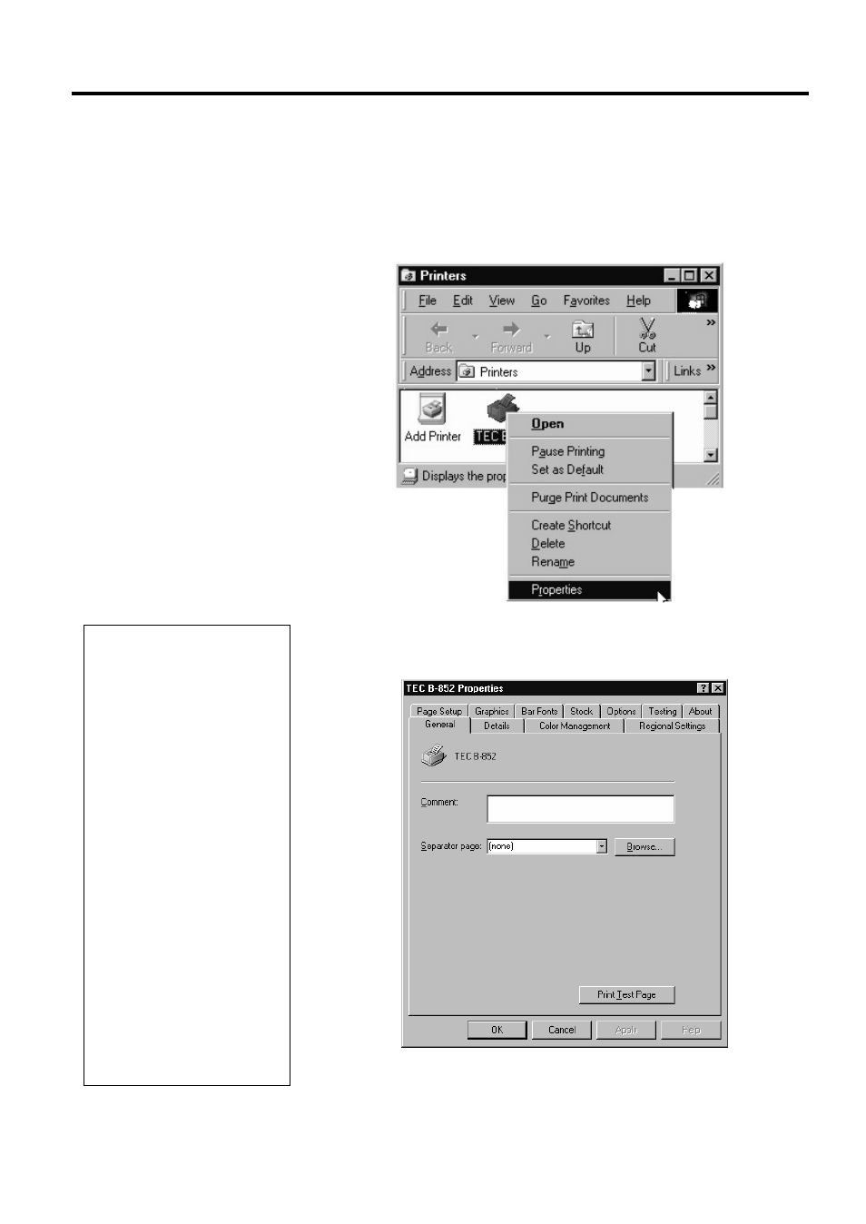 Using the b-852 printer properties menus, 4 using the b-852 printer properties menus | Toshiba B-852-TS12-QQ User Manual | Page 36 / 118