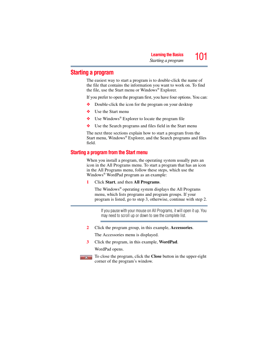 Starting a program, Starting a program from the start menu | Toshiba SATELLITE U500 User Manual | Page 101 / 251