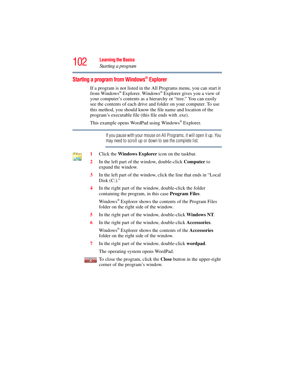 Starting a program from windows® explorer, Starting a program from, Windows | Toshiba SATELLITE U500 User Manual | Page 102 / 251