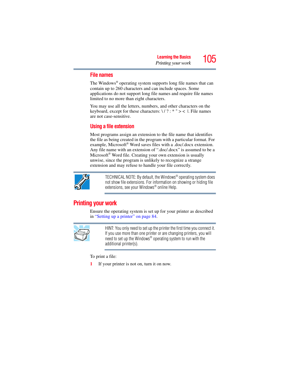 Printing your work | Toshiba SATELLITE U500 User Manual | Page 105 / 251