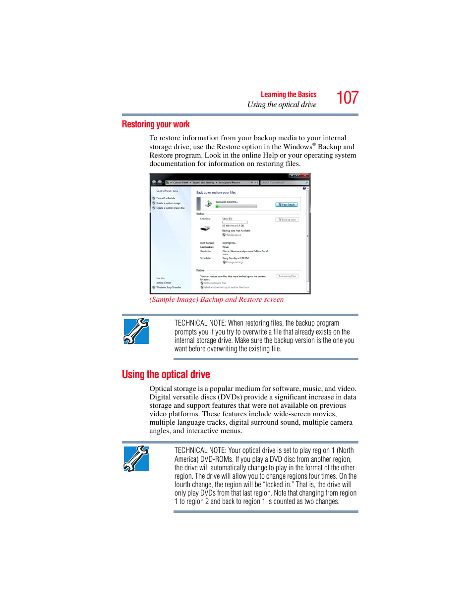 Restoring your work, Using the optical drive | Toshiba SATELLITE U500 User Manual | Page 107 / 251