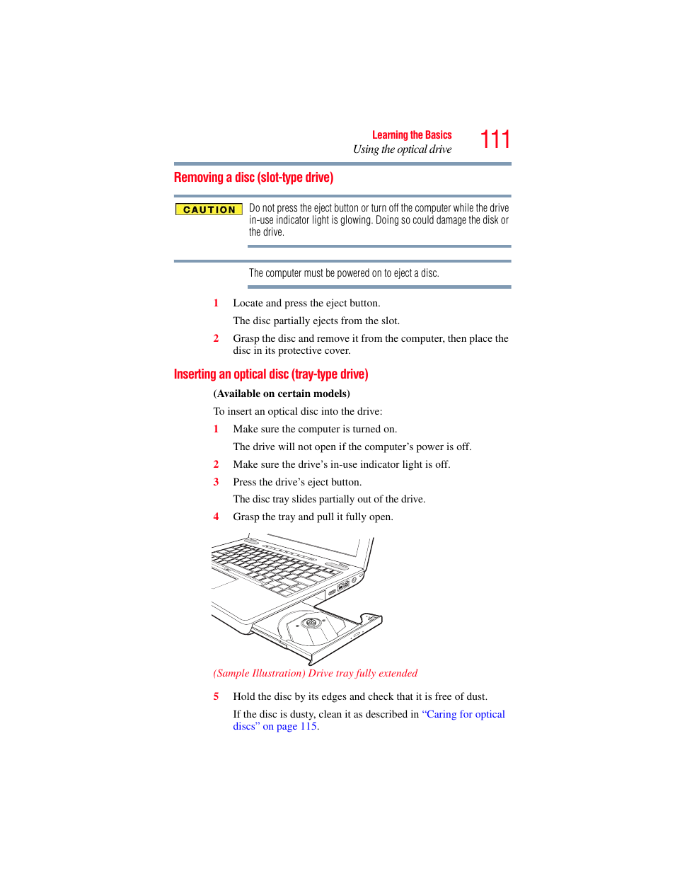 Removing a disc (slot-type drive), Inserting an optical disc (tray-type drive), Inserting an optical disc | Toshiba SATELLITE U500 User Manual | Page 111 / 251