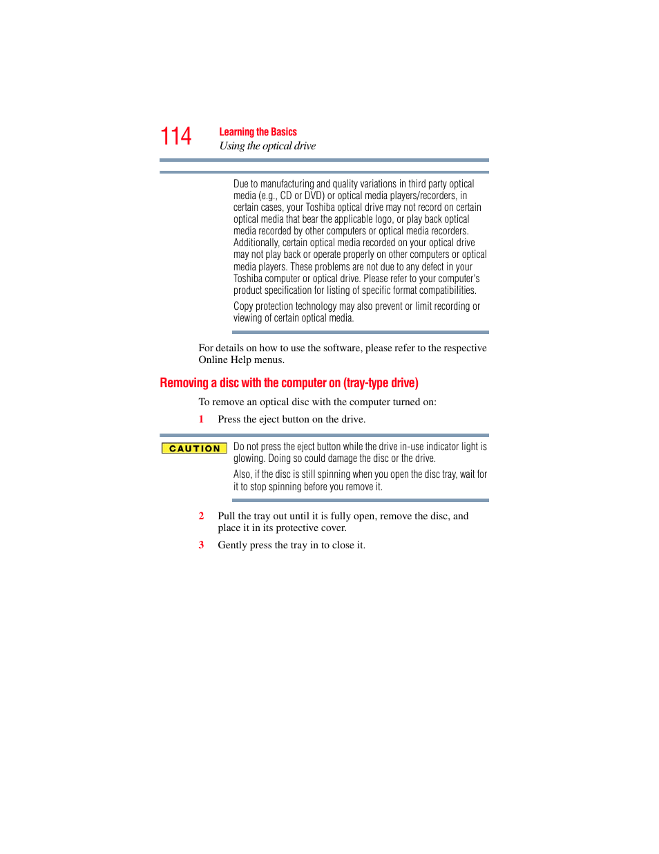 Removing a disc with the computer on, Tray-type drive) | Toshiba SATELLITE U500 User Manual | Page 114 / 251