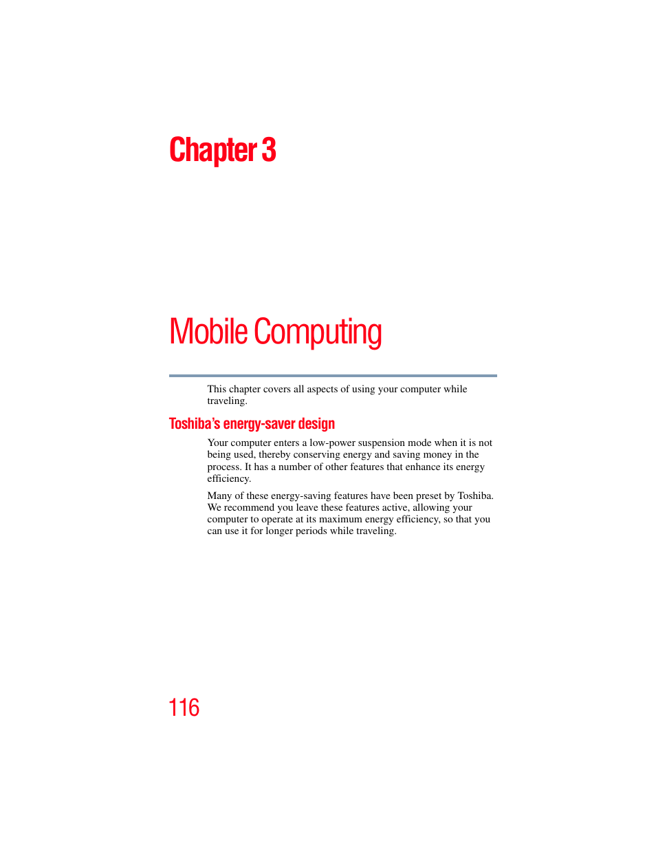 Chapter 3: mobile computing, Toshiba’s energy-saver design, Mobile computing | Chapter 3 | Toshiba SATELLITE U500 User Manual | Page 116 / 251