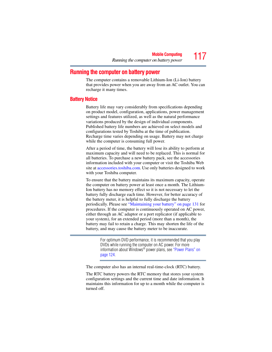 Running the computer on battery power, Battery notice | Toshiba SATELLITE U500 User Manual | Page 117 / 251