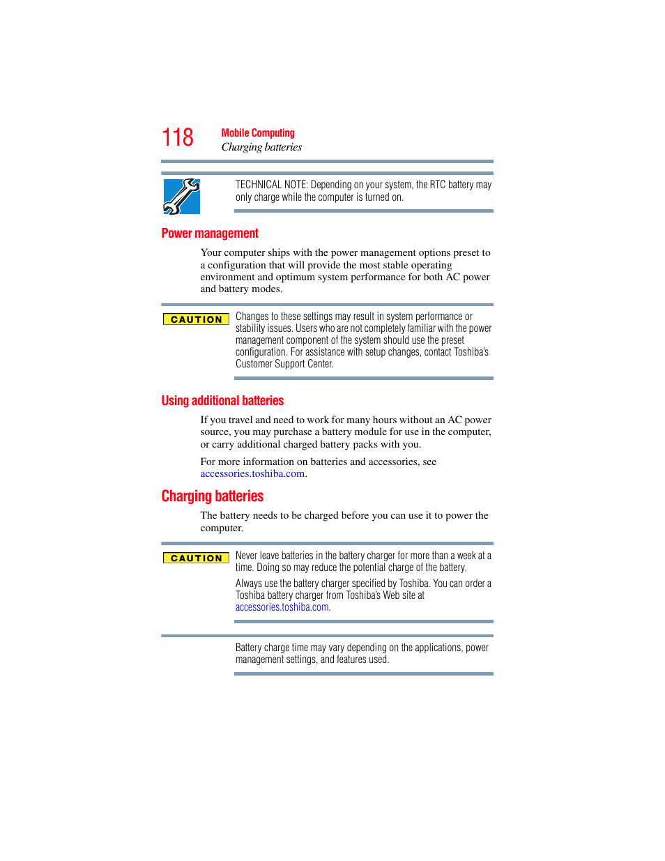 Power management, Using additional batteries, Charging batteries | Power management using additional batteries | Toshiba SATELLITE U500 User Manual | Page 118 / 251