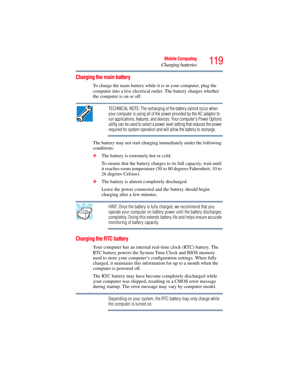 Charging the main battery, Charging the rtc battery, Charging the main battery charging the rtc battery | Toshiba SATELLITE U500 User Manual | Page 119 / 251