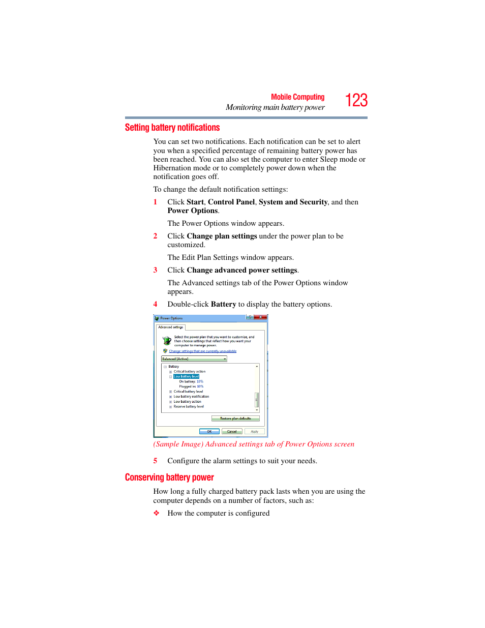 Setting battery notifications, Conserving battery power | Toshiba SATELLITE U500 User Manual | Page 123 / 251