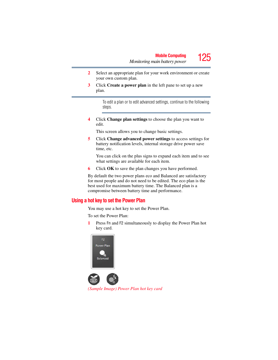 Using a hot key to set the power plan | Toshiba SATELLITE U500 User Manual | Page 125 / 251