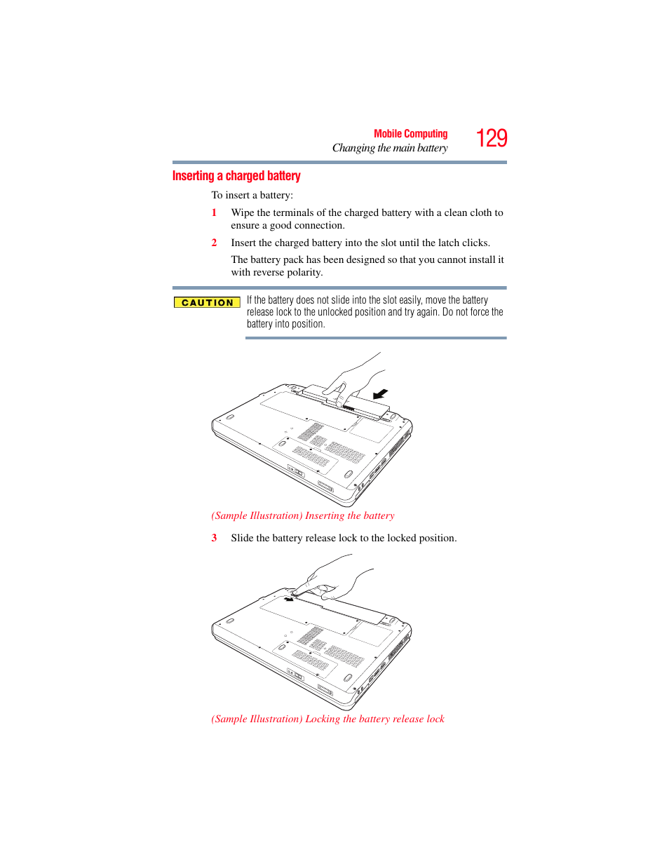 Inserting a charged battery | Toshiba SATELLITE U500 User Manual | Page 129 / 251