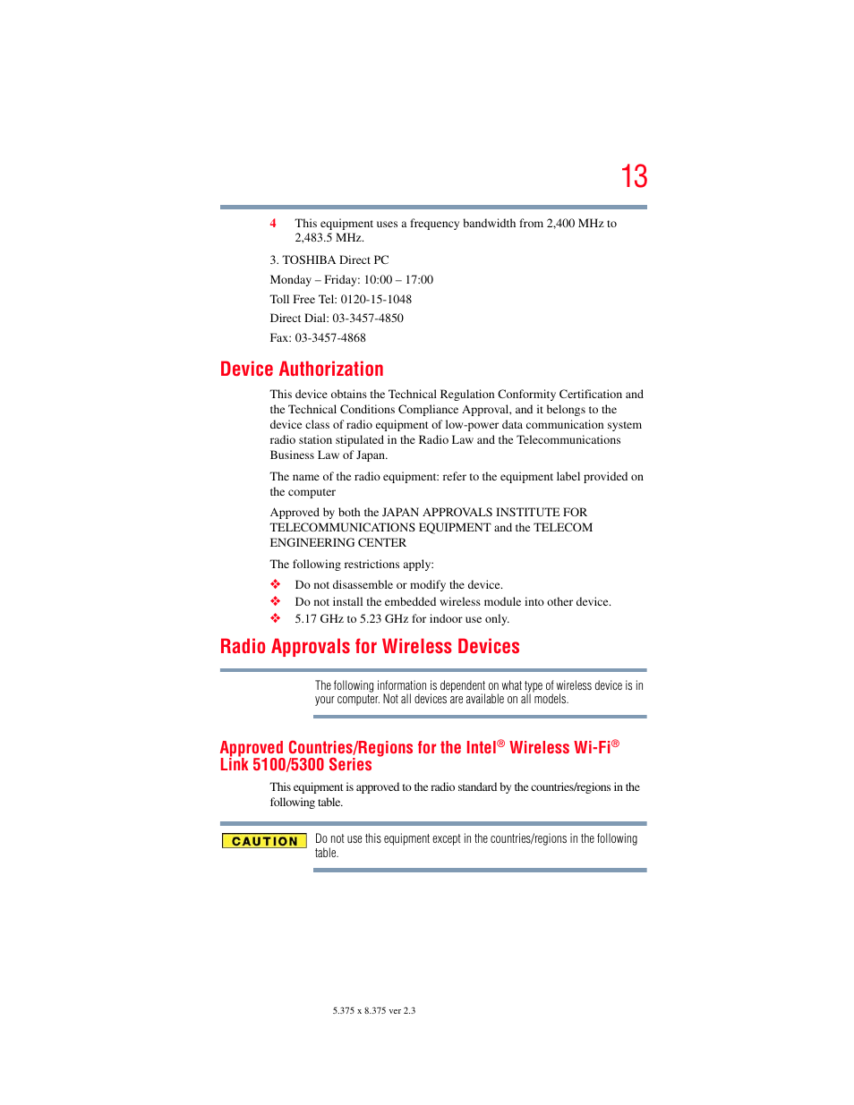 Device authorization, Radio approvals for wireless devices | Toshiba SATELLITE U500 User Manual | Page 13 / 251
