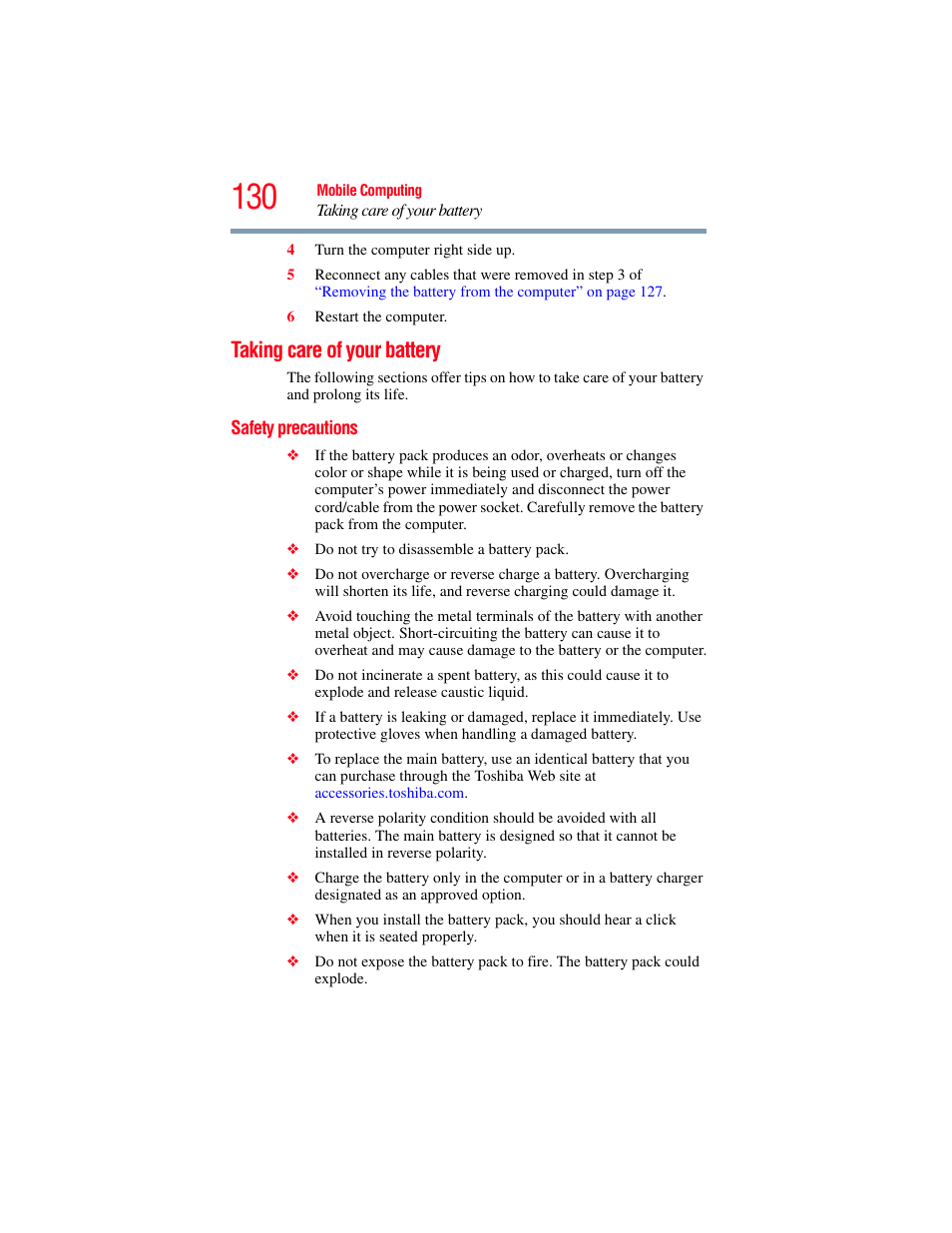 Taking care of your battery, Safety precautions | Toshiba SATELLITE U500 User Manual | Page 130 / 251