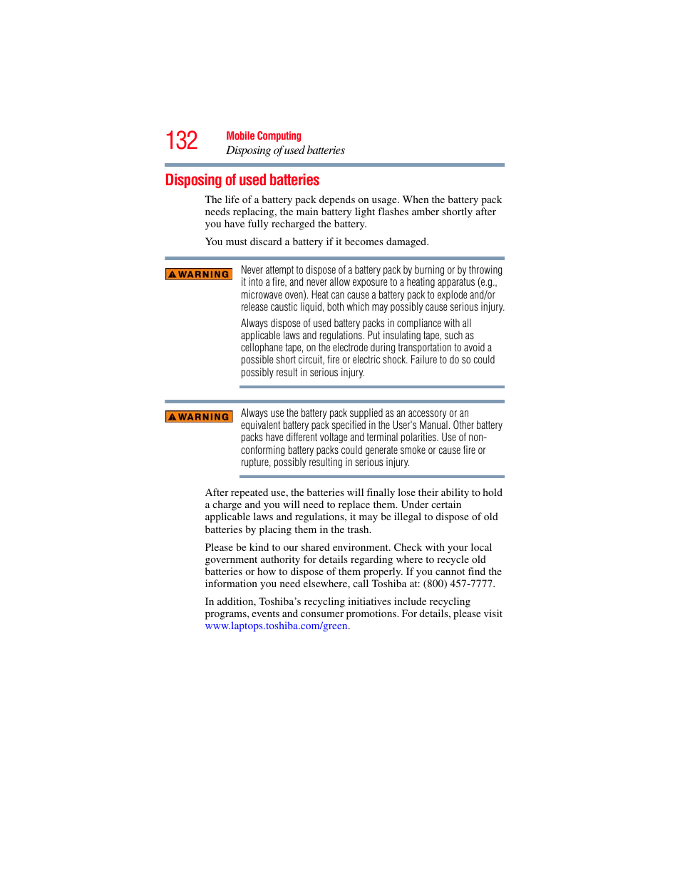 Disposing of used batteries | Toshiba SATELLITE U500 User Manual | Page 132 / 251