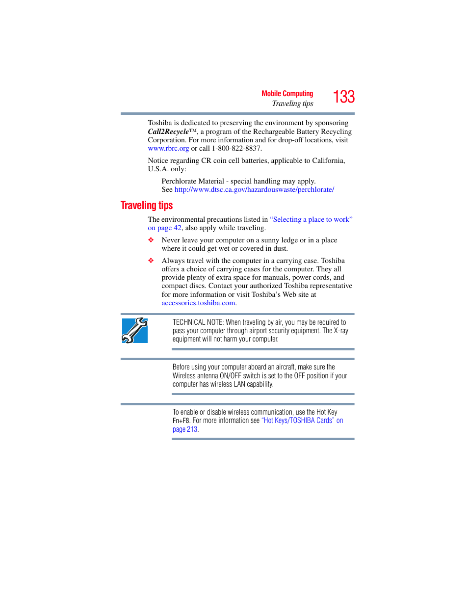 Traveling tips | Toshiba SATELLITE U500 User Manual | Page 133 / 251