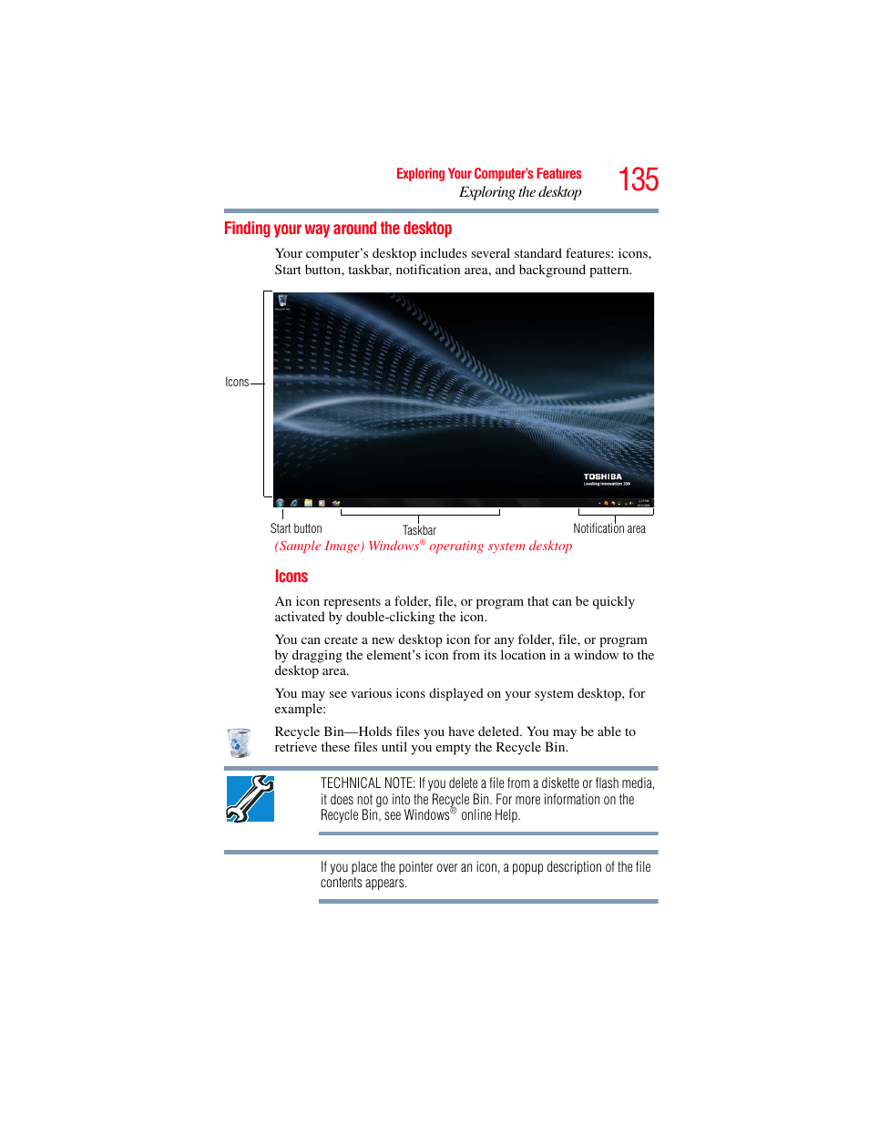 Finding your way around the desktop, Ication area, see, Finding your | Toshiba SATELLITE U500 User Manual | Page 135 / 251