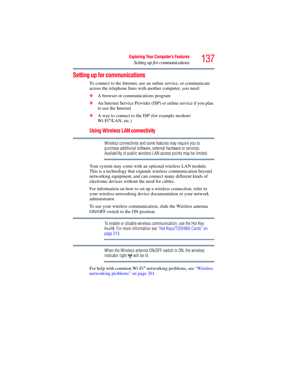 Setting up for communications | Toshiba SATELLITE U500 User Manual | Page 137 / 251