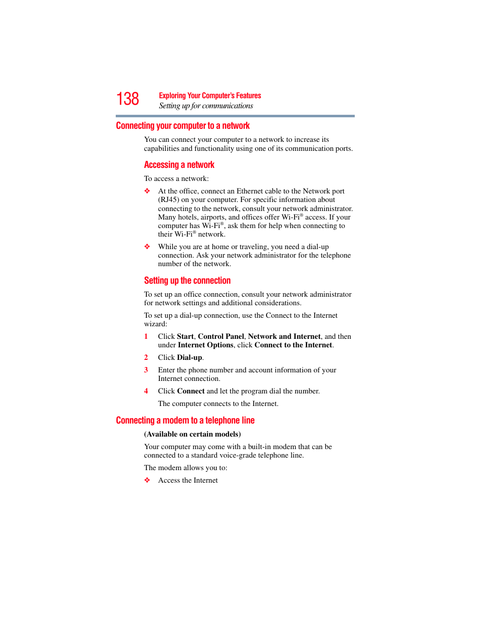 Connecting your computer to a network, Connecting a modem to a telephone line | Toshiba SATELLITE U500 User Manual | Page 138 / 251