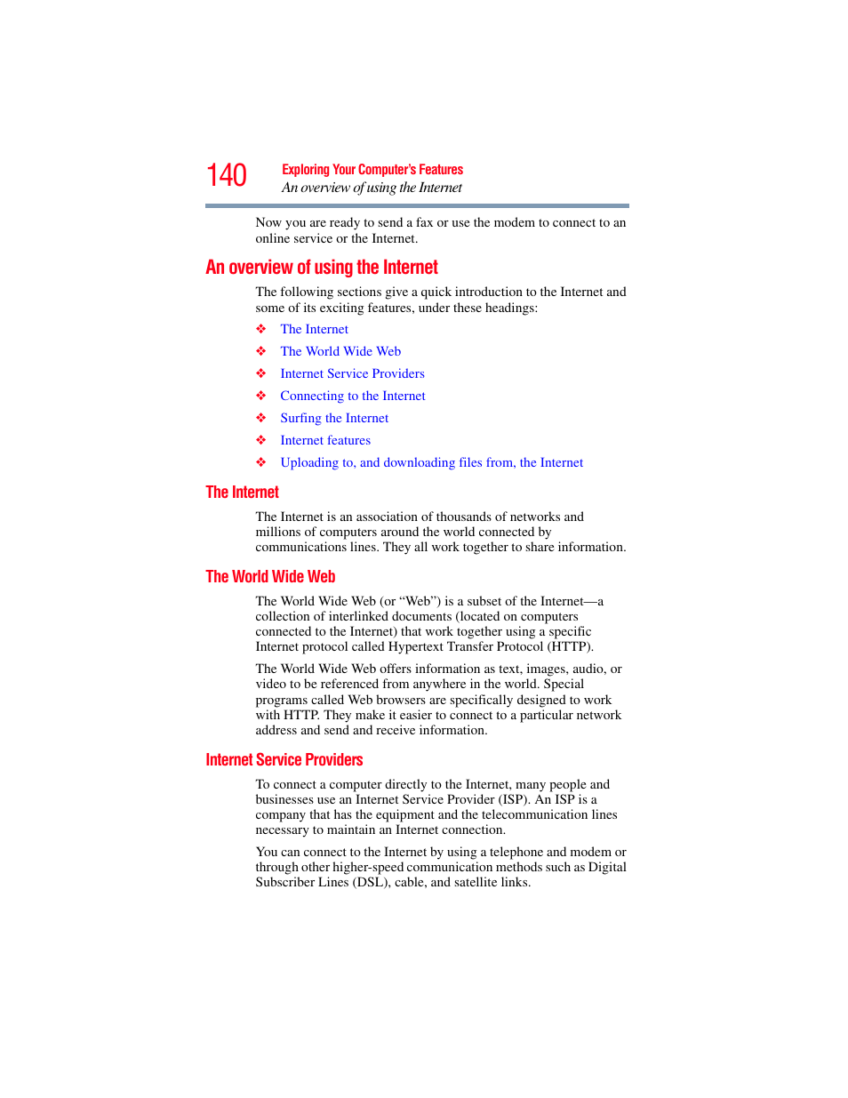 An overview of using the internet, The internet, The world wide web | Internet service providers | Toshiba SATELLITE U500 User Manual | Page 140 / 251