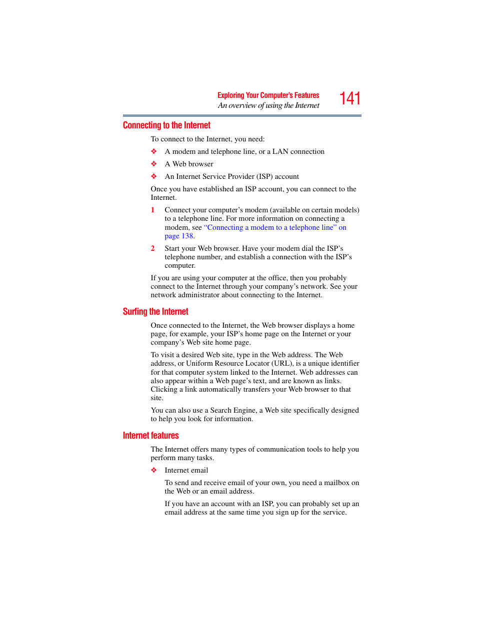 Connecting to the internet, Surfing the internet, Internet features | Toshiba SATELLITE U500 User Manual | Page 141 / 251