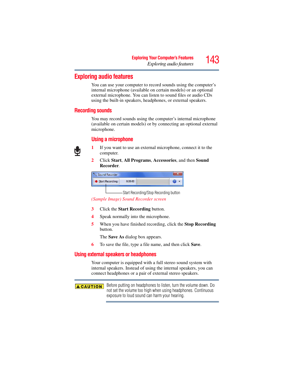 Exploring audio features, Recording sounds, Using external speakers or headphones | Toshiba SATELLITE U500 User Manual | Page 143 / 251