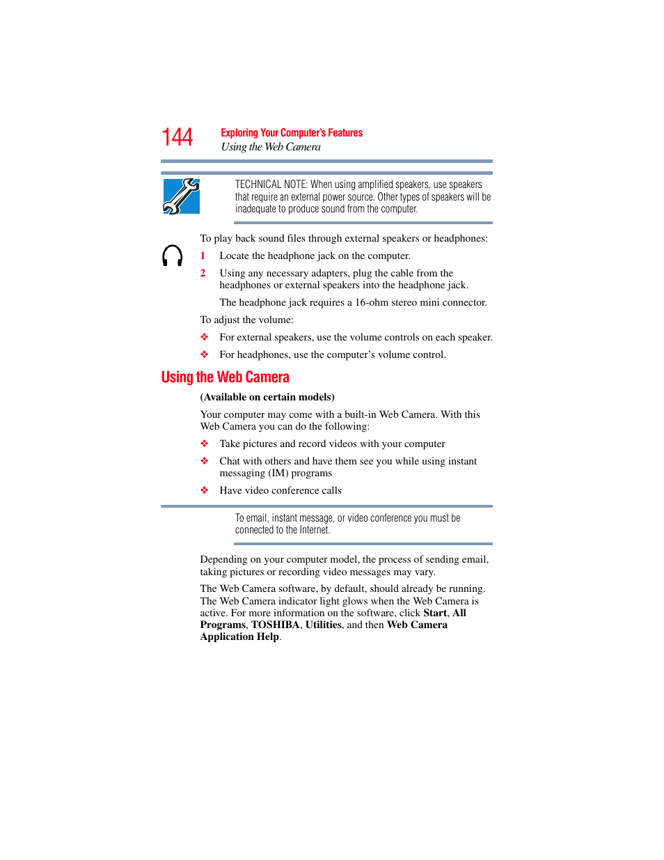 Using the web camera | Toshiba SATELLITE U500 User Manual | Page 144 / 251