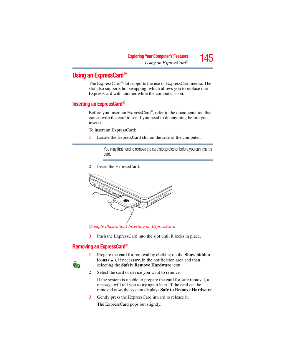 Using an expresscard, Inserting an expresscard, Removing an expresscard | Using an expresscard®” on | Toshiba SATELLITE U500 User Manual | Page 145 / 251