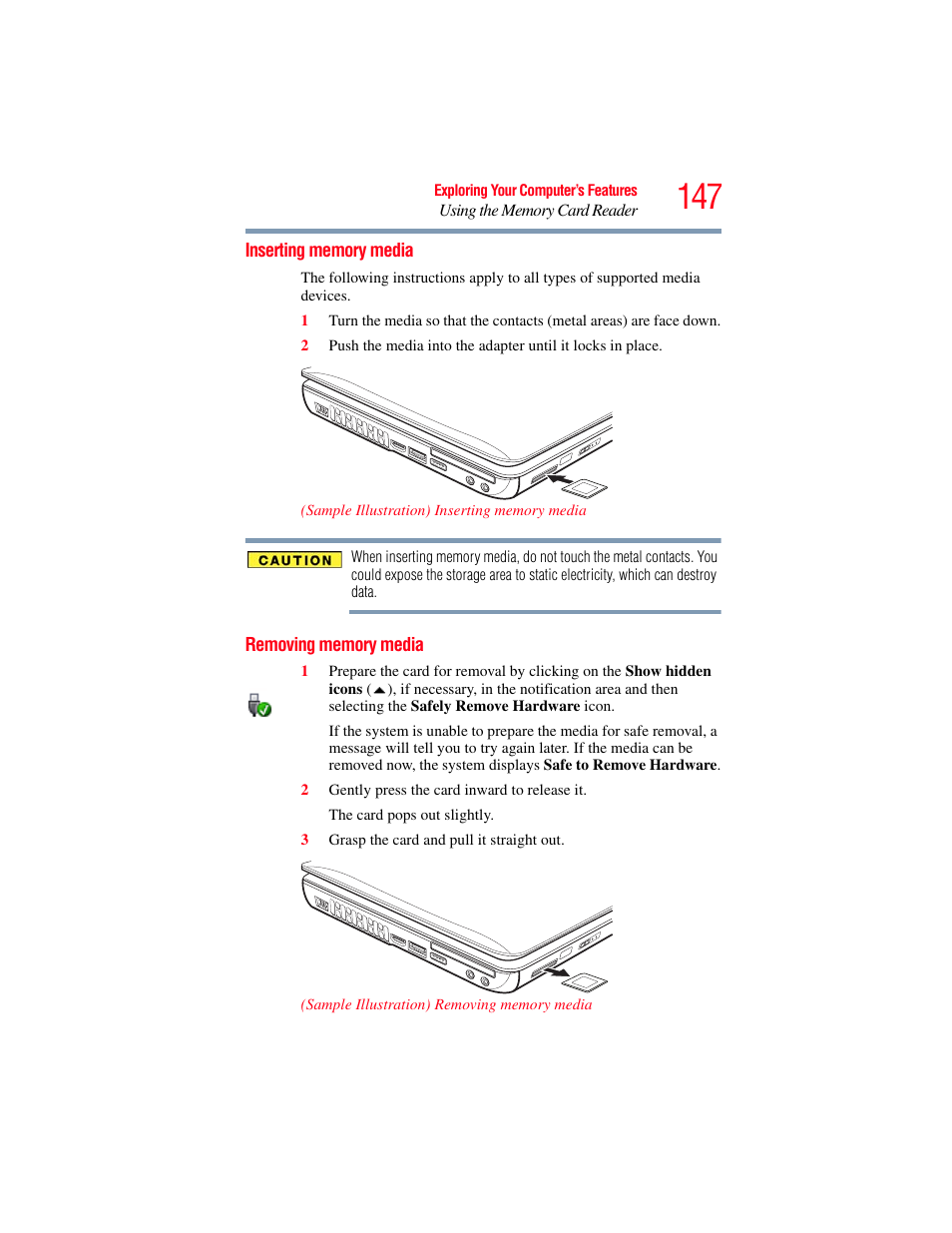 Inserting memory media, Removing memory media, Inserting memory media removing memory media | Toshiba SATELLITE U500 User Manual | Page 147 / 251