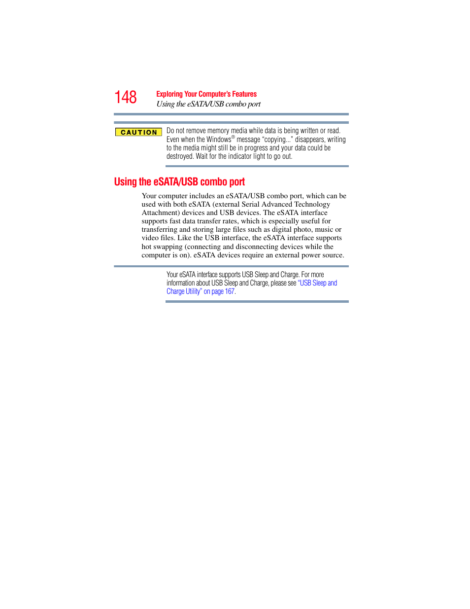 Using the esata/usb combo port | Toshiba SATELLITE U500 User Manual | Page 148 / 251