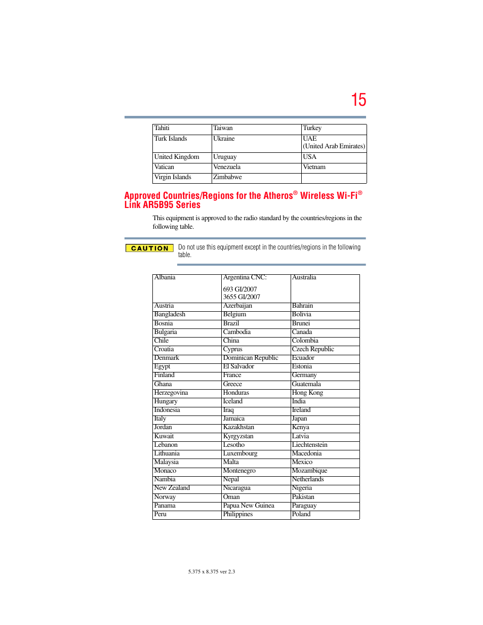 Approved countries/regions for the atheros, Wireless wi-fi, Link ar5b95 series | Toshiba SATELLITE U500 User Manual | Page 15 / 251