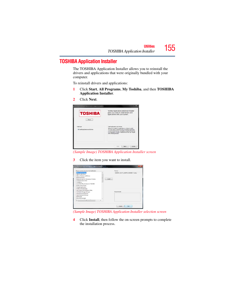 Toshiba application installer | Toshiba SATELLITE U500 User Manual | Page 155 / 251