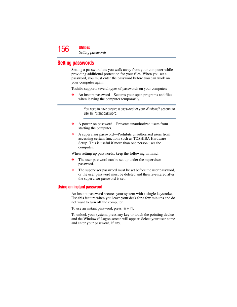 Setting passwords, Using an instant password | Toshiba SATELLITE U500 User Manual | Page 156 / 251