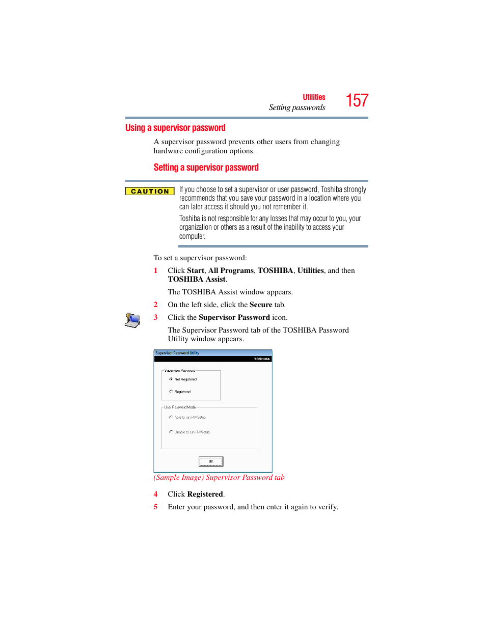 Using a supervisor password, Supervisor password | Toshiba SATELLITE U500 User Manual | Page 157 / 251