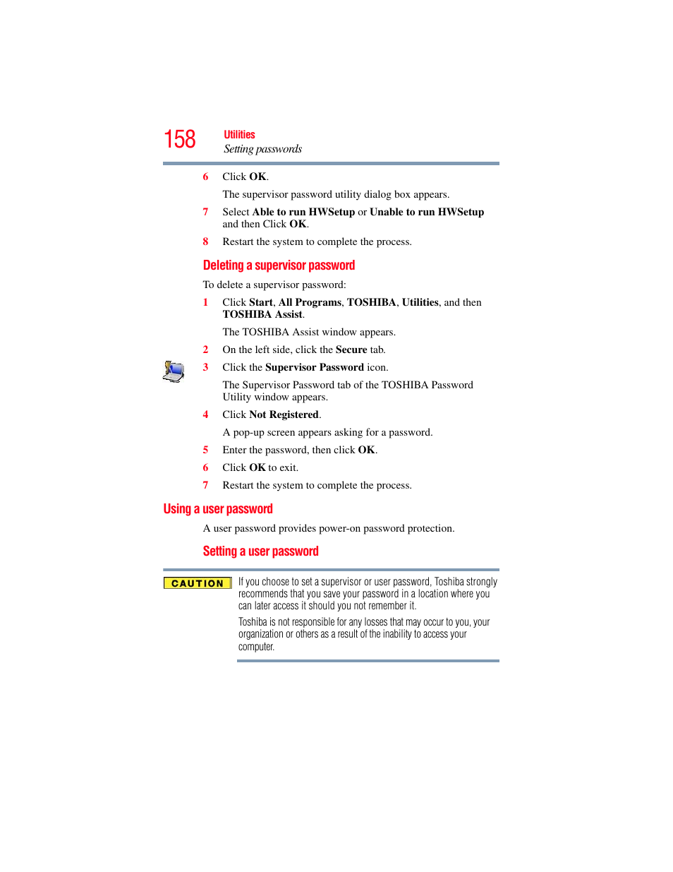 Using a user password, User password | Toshiba SATELLITE U500 User Manual | Page 158 / 251