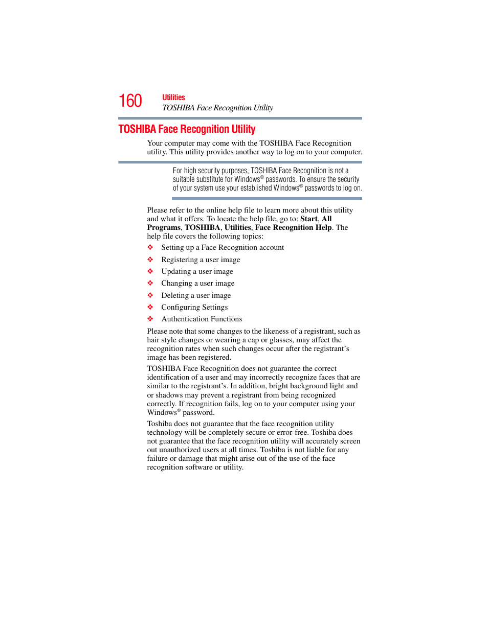 Toshiba face recognition utility | Toshiba SATELLITE U500 User Manual | Page 160 / 251
