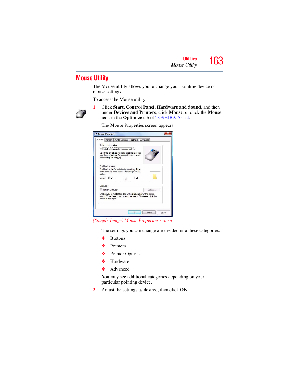 Mouse utility | Toshiba SATELLITE U500 User Manual | Page 163 / 251