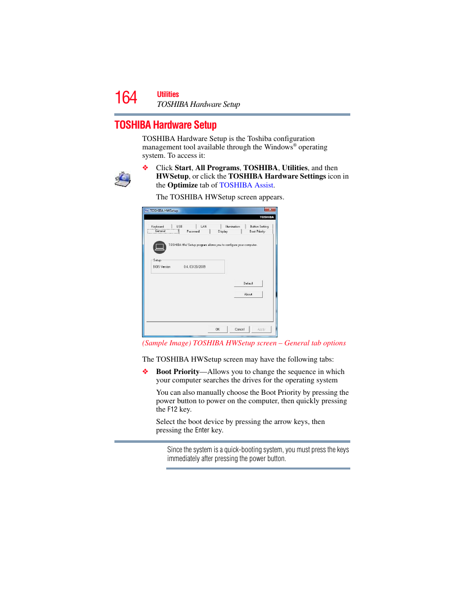 Toshiba hardware setup, Hardw | Toshiba SATELLITE U500 User Manual | Page 164 / 251