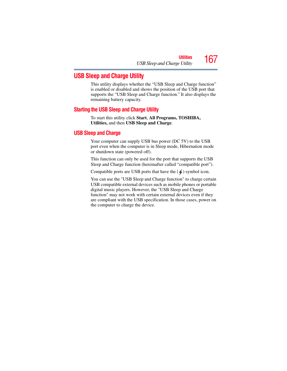 Usb sleep and charge utility, Starting the usb sleep and charge utility, Usb sleep and charge | Usb sleep and | Toshiba SATELLITE U500 User Manual | Page 167 / 251