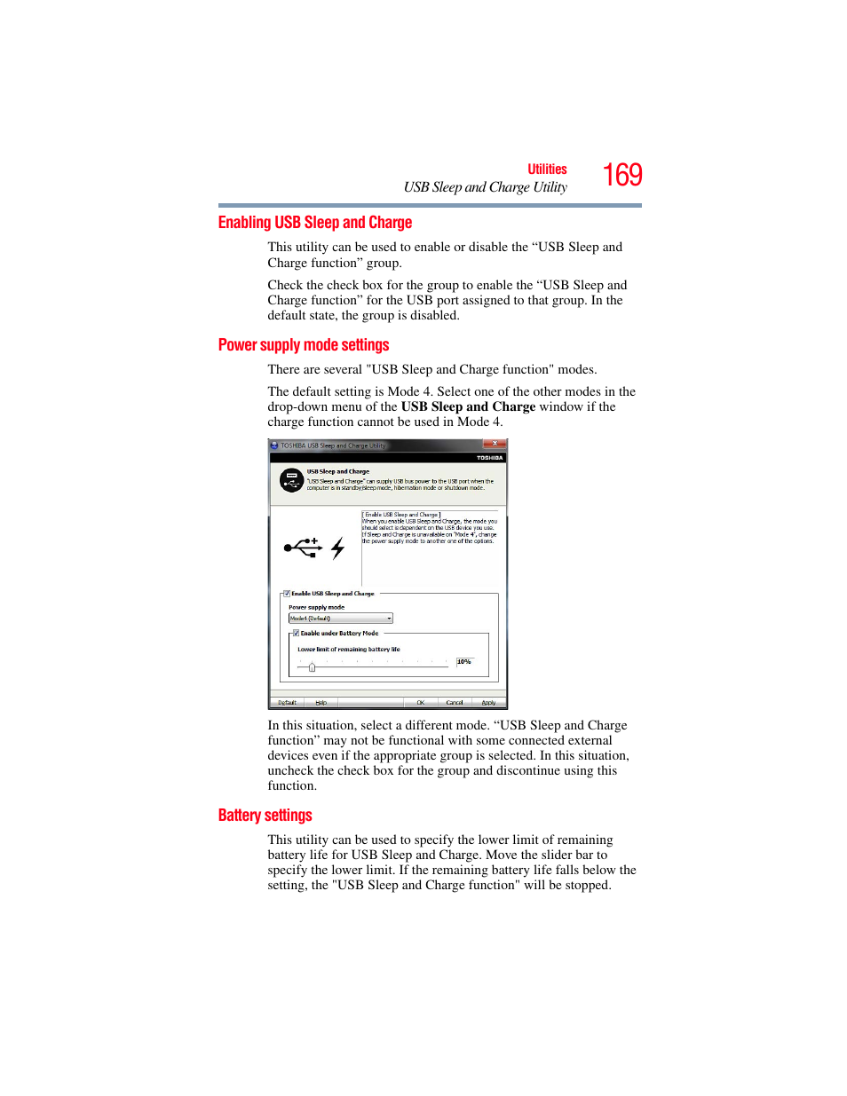 Enabling usb sleep and charge, Power supply mode settings, Battery settings | Toshiba SATELLITE U500 User Manual | Page 169 / 251