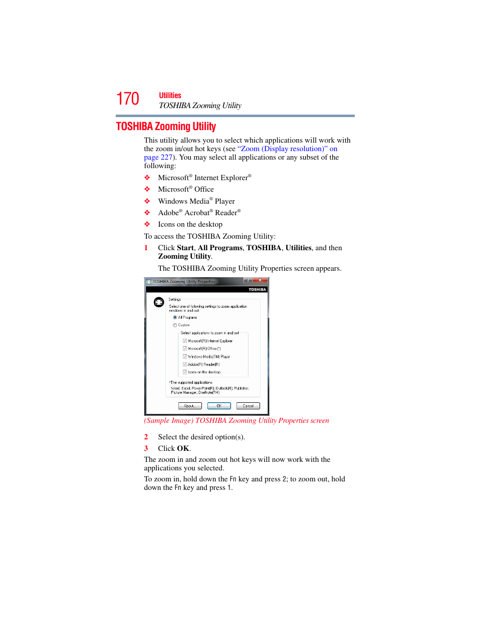 Toshiba zooming utility | Toshiba SATELLITE U500 User Manual | Page 170 / 251