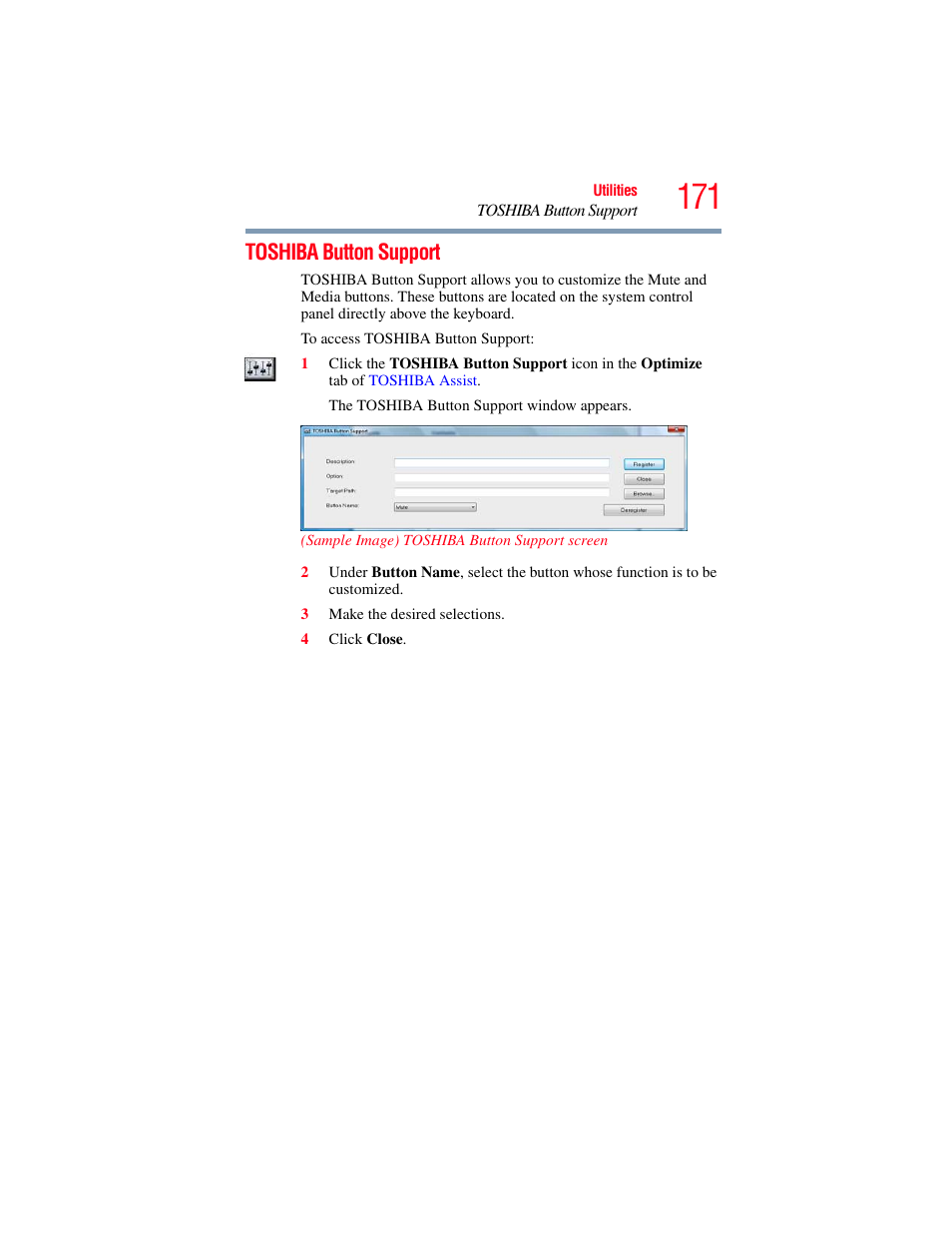 Toshiba button support | Toshiba SATELLITE U500 User Manual | Page 171 / 251