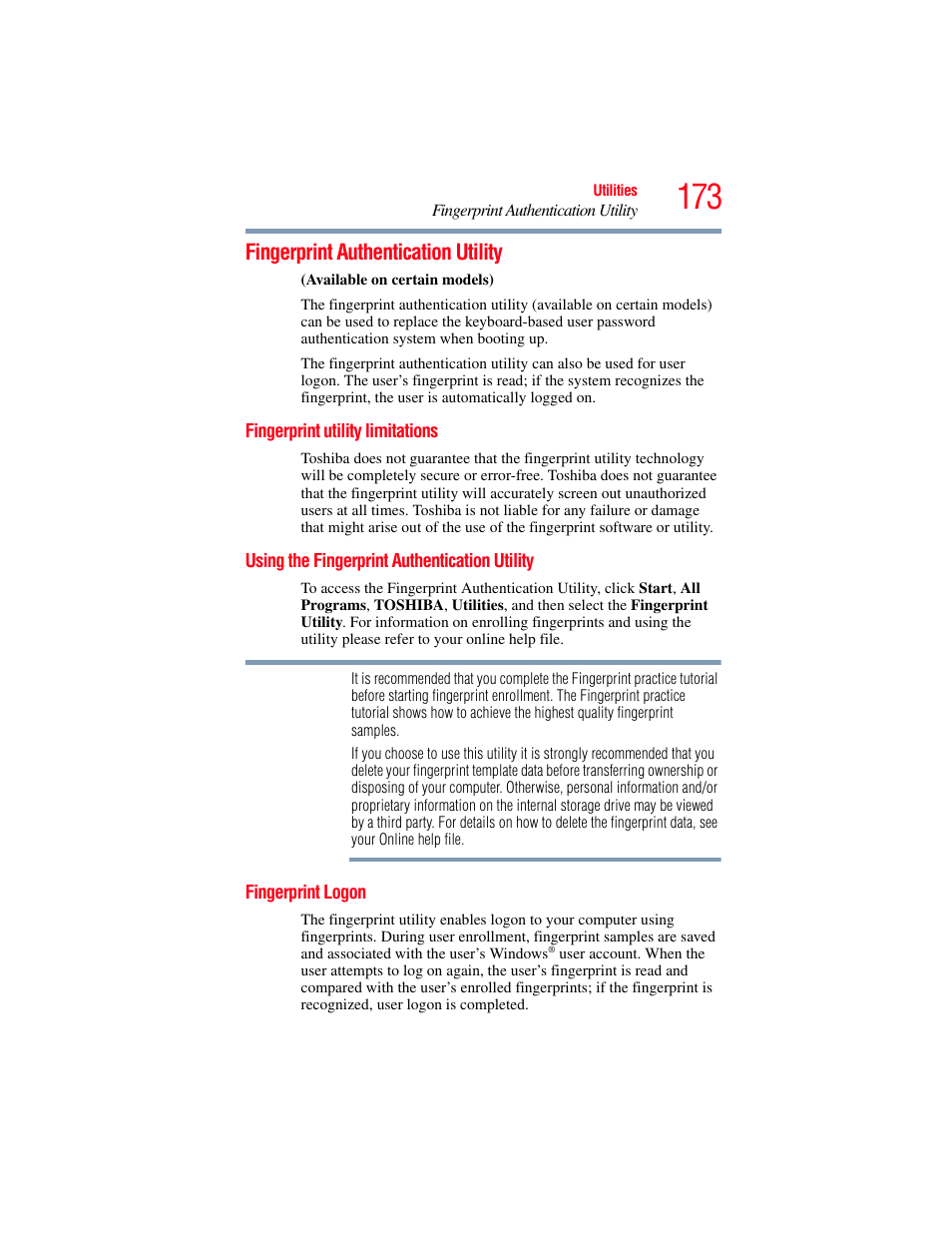 Fingerprint authentication utility, Fingerprint utility limitations, Using the fingerprint authentication utility | Fingerprint logon | Toshiba SATELLITE U500 User Manual | Page 173 / 251