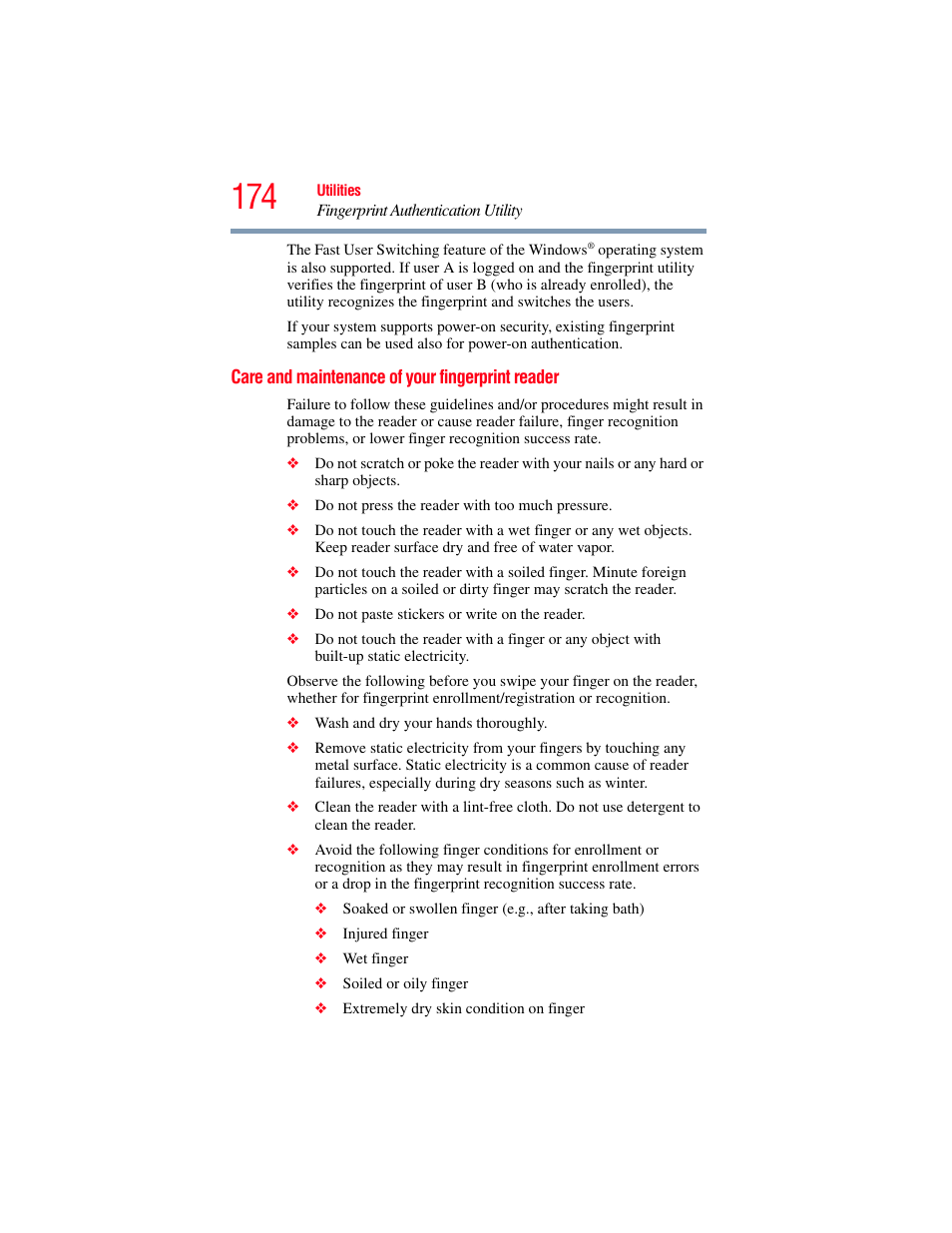 Care and maintenance of your fingerprint reader, Care and maintenance of your fingerprint, Reader | Toshiba SATELLITE U500 User Manual | Page 174 / 251