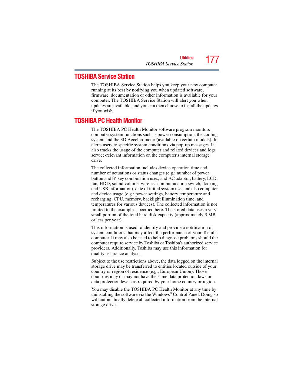 Toshiba service station, Toshiba pc health monitor, Toshiba service station toshiba pc health monitor | Toshiba SATELLITE U500 User Manual | Page 177 / 251