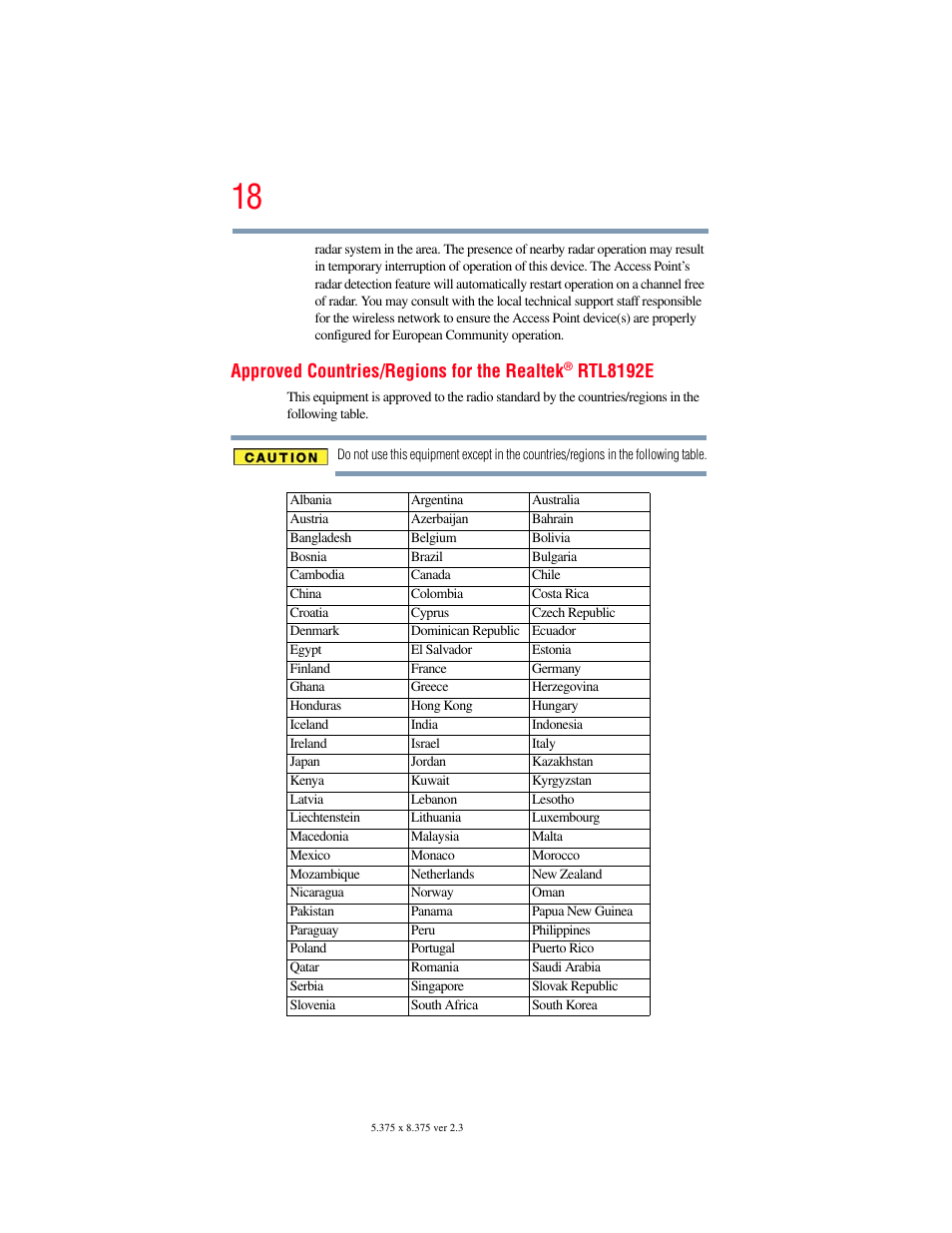 Approved countries/regions for the realtek, Rtl8192e | Toshiba SATELLITE U500 User Manual | Page 18 / 251