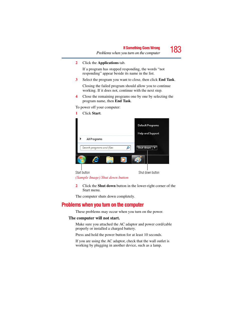Problems when you turn on the computer | Toshiba SATELLITE U500 User Manual | Page 183 / 251