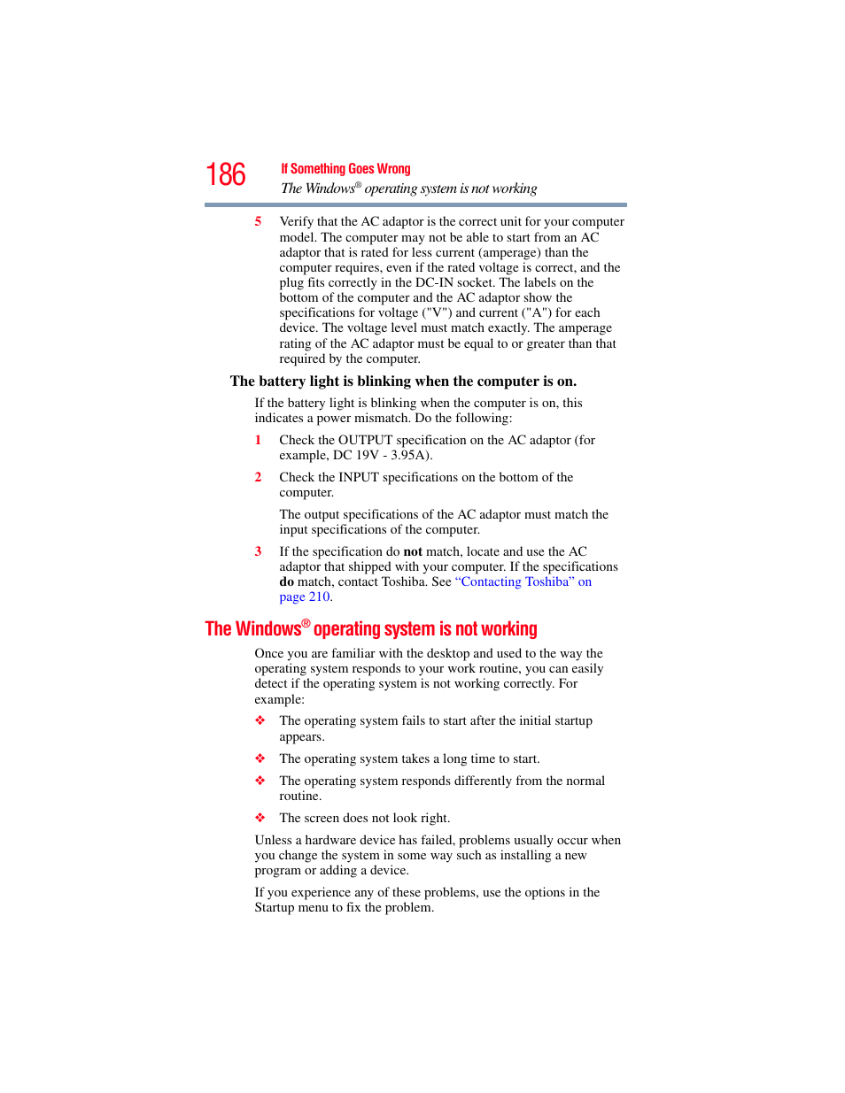 The windows® operating system is not working, The windows, Operating system is not working | Toshiba SATELLITE U500 User Manual | Page 186 / 251