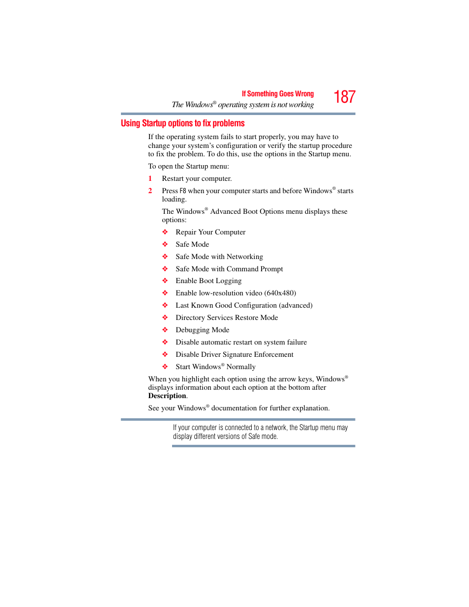 Using startup options to fix problems | Toshiba SATELLITE U500 User Manual | Page 187 / 251