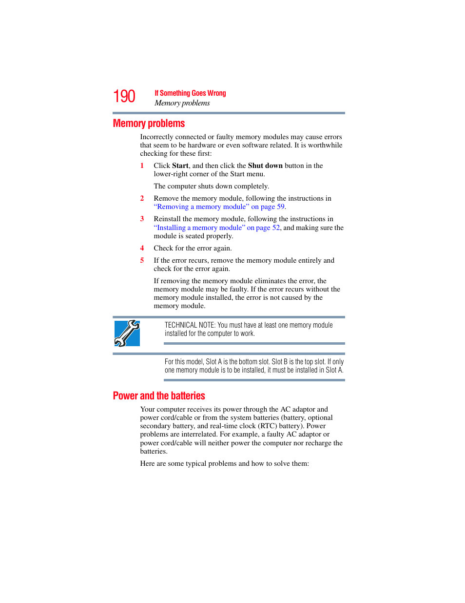 Memory problems, Power and the batteries, Memory problems power and the batteries | Toshiba SATELLITE U500 User Manual | Page 190 / 251